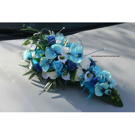 Décoration voiture mariage bleu, turquoise avec roses, orchidées