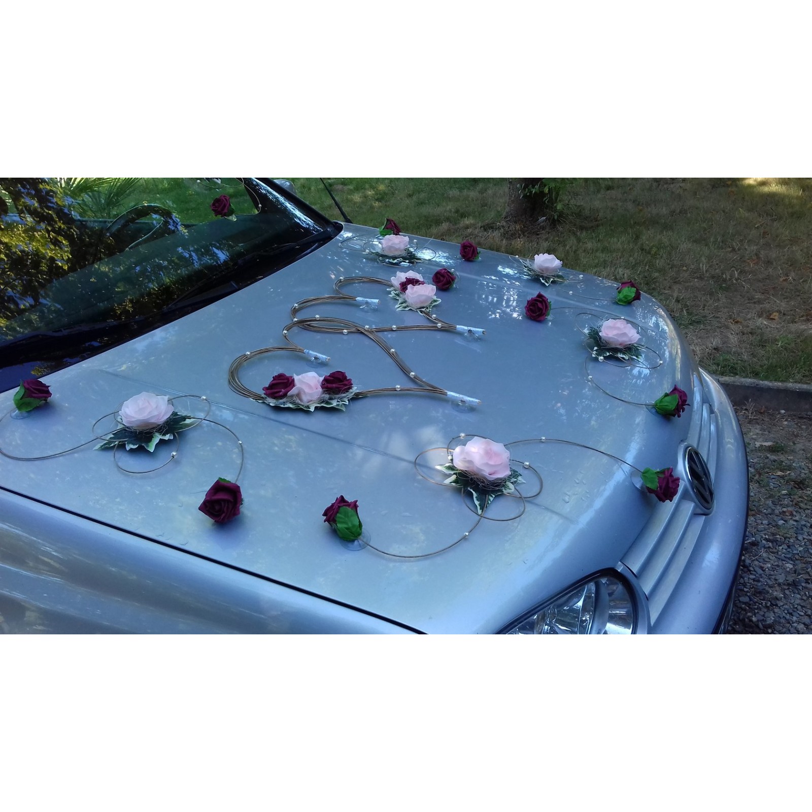 Décoration voiture mariage Cœurs Perles Nœud Roses Papillon